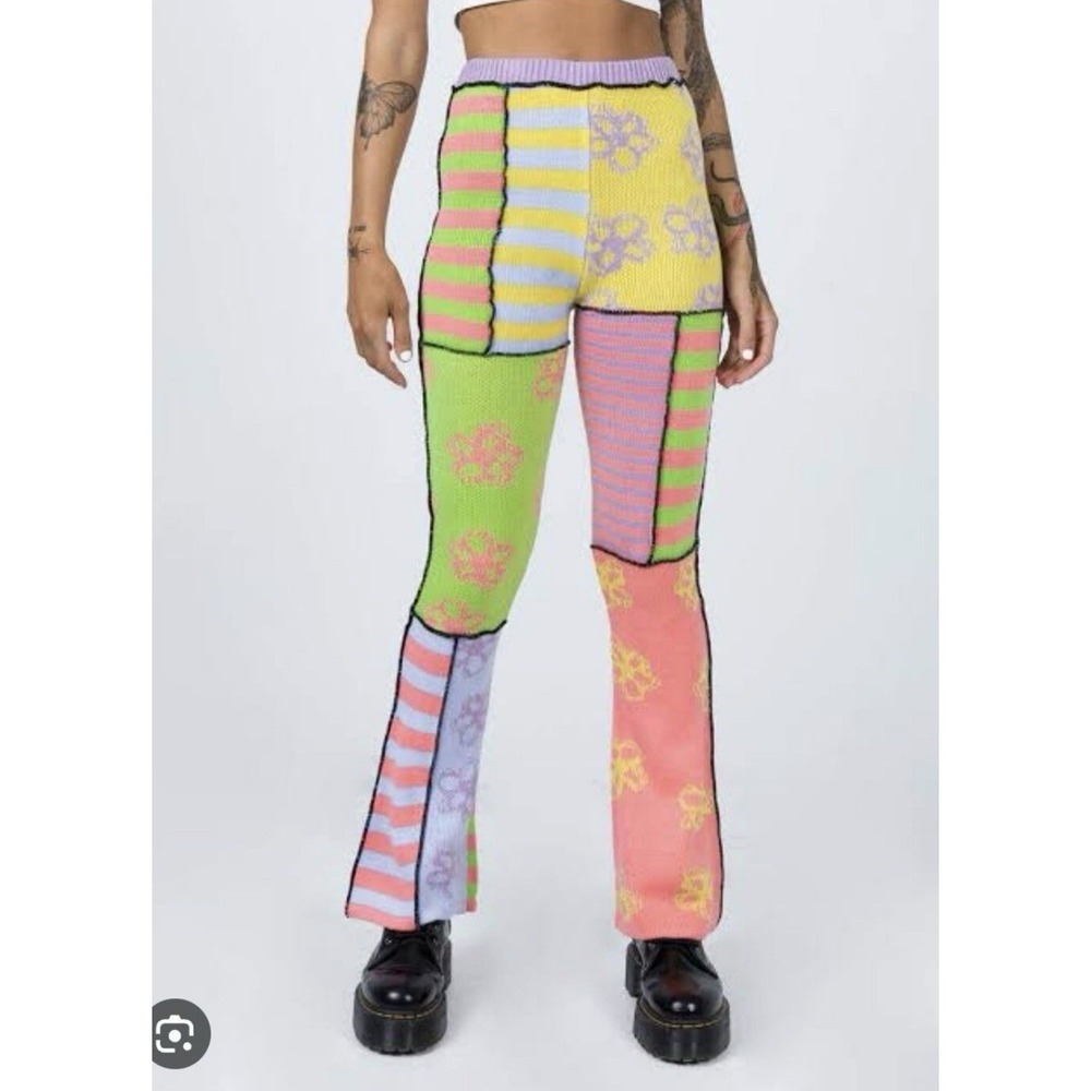The Ragged Priest Banger‎ Knit Flare Pants Patchwork Mixed Print Small Festival
